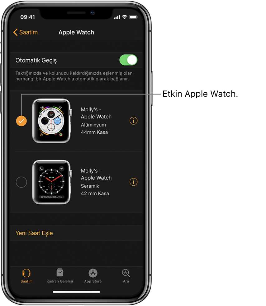 Onay işareti, etkin Apple Watch’u gösterir.