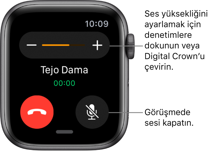 Gelen bir telefon aramasında, ekranın en üstünde — ve + ses yüksekliği sembolleri ve sağ altta Sesi Kapat düğmesi görünür.