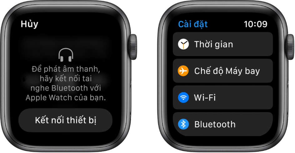 Nếu bạn chuyển nguồn nhạc sang Apple Watch trước khi ghép đôi loa hoặc tai nghe Bluetooth, nút Kết nối thiết bị xuất hiện ở gần cuối màn hình đưa bạn tới cài đặt Bluetooth trên Apple Watch, nơi bạn có thể thêm thiết bị nghe.