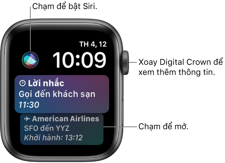 Mặt đồng hồ Siri đang hiển thị lời nhắc và thẻ lên tàu. Nút Siri ở trên cùng bên trái của màn hình. Ngày và giờ ở trên cùng bên phải.