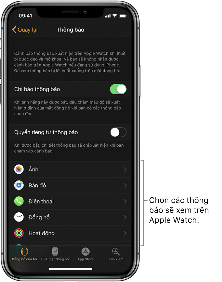 Màn hình Thông báo trên ứng dụng Apple Watch trên iPhone, đang hiển thị các nguồn thông báo.