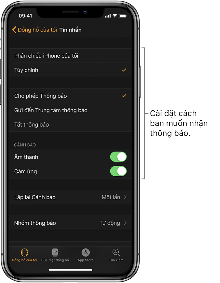 Cài đặt Tin nhắn trong ứng dụng Apple Watch trên iPhone. Bạn có thể chọn xem có hiển thị cảnh báo không, bật âm thanh, bật cảm ứng và lặp lại cảnh báo.