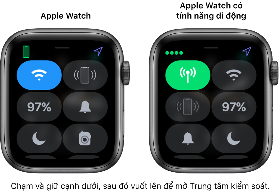 Hai hình ảnh: Apple Watch không có tín hiệu di động ở bên trái, đang hiển thị Trung tâm kiểm soát. Nút Wi-Fi ở trên cùng bên trái, Ping iPhone ở trên cùng bên phải, nút Phần trăm pin ở giữa bên trái, nút Chế độ im lặng ở giữa bên phải, nút Không làm phiền ở dưới cùng bên trái và nút Bộ đàm ở dưới cùng bên phải. Hình ảnh bên phải hiển thị Apple Watch có tín hiệu di động. Trung tâm điều khiển hiển thị nút Di động ở trên cùng bên trái, nút Wi-Fi ở trên cùng bên phải, nút Ping iPhone ở giữa bên trái, nút Phần trăm pin ở giữa bên phải, nút Chế độ im lặng ở dưới cùng bên trái và nút Không làm phiền ở dưới cùng bên phải.