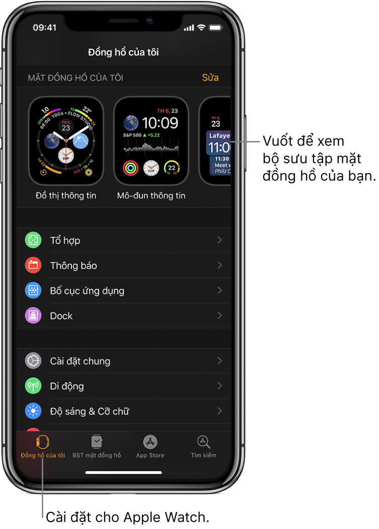 Ứng dụng Apple Watch trên iPhone mở ra màn hình Đồng hồ của tôi, hiển thị các mặt đồng hồ của bạn ở gần trên cùng và các cài đặt ở bên dưới. Có bốn tab ở dưới cùng của màn hình ứng dụng Apple Watch: tab bên trái là Đồng hồ của tôi, là nơi dành cho các cài đặt của Apple Watch; tiếp theo là BST mặt đồng hồ, là nơi bạn khám phá các mặt đồng hồ và tổ hợp có sẵn; sau đó là App Store, là nơi bạn có thể tải về các ứng dụng cho Apple Watch; và Tìm kiếm, là nơi bạn có thể tìm các ứng dụng trong App Store.