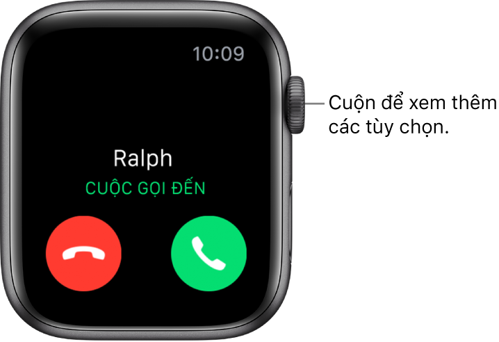 Màn hình Apple Watch khi bạn nhận một cuộc gọi: tên của người gọi, các từ “Cuộc gọi đến”, nút Từ chối màu đỏ và nút Trả lời màu lục.