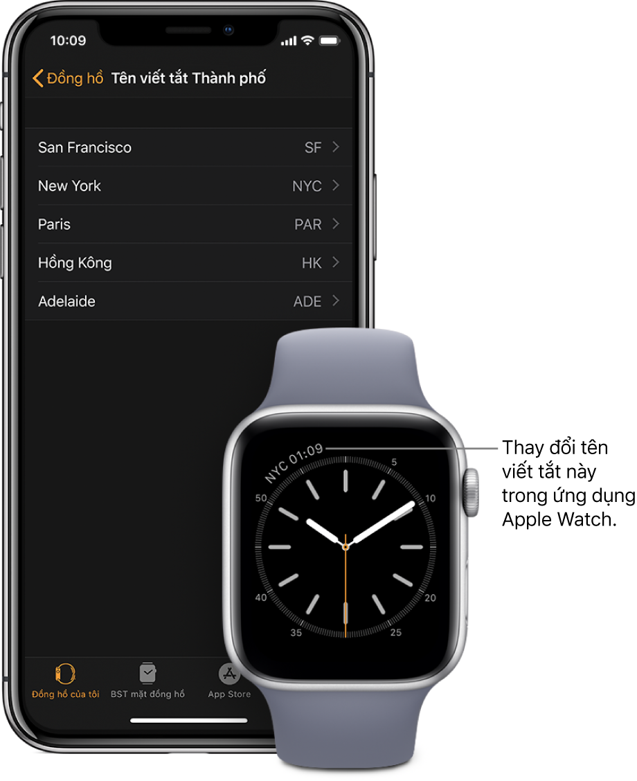 Mặt đồng hồ với con trỏ đến thời gian tại thành phố New York, sử dụng chữ viết tắt NYC. Màn hình tiếp theo hiển thị danh sách các thành phố trong cài đặt Tên viết tắt thành phố, trong cài đặt Đồng hồ trong ứng dụng Apple Watch trên iPhone.