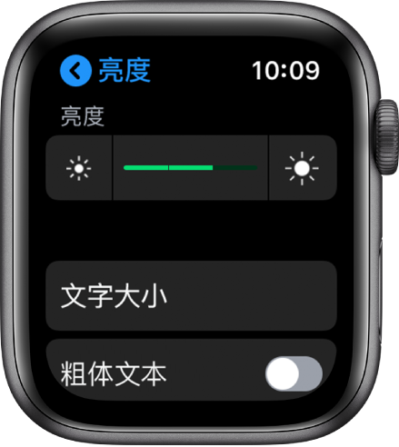 Apple Watch 上的“亮度”设置，顶部为“亮度”滑块，下方为“文字大小”按钮，底部为“粗体文本”控制。