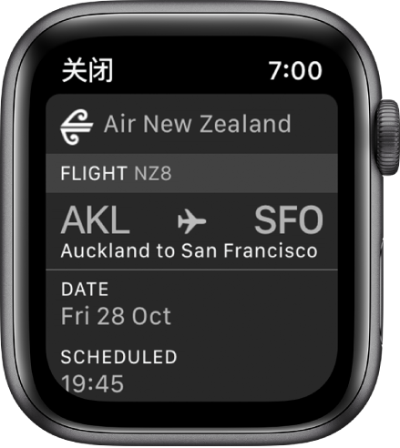 显示登机牌的 Apple Watch。