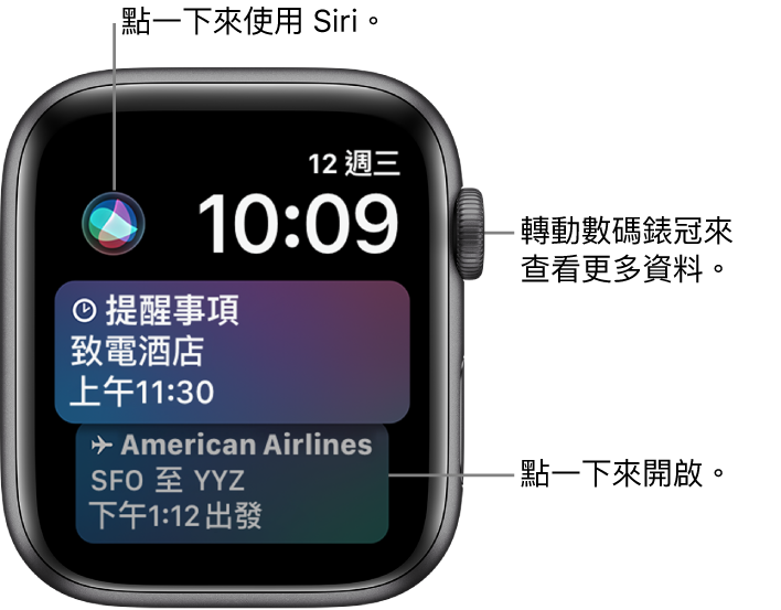 Siri 錶面顯示提醒事項及登機證。螢幕頂部有 Siri 按鈕。右上角有日期與時間。