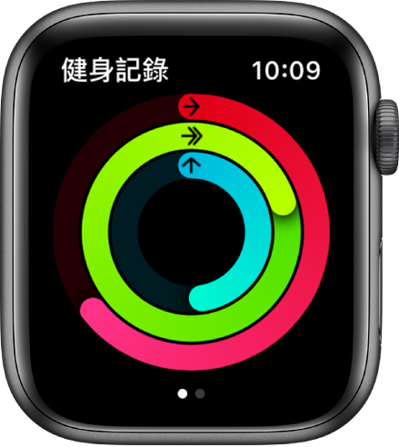 「健身記錄」畫面顯示三個圓圈：「活動」、「運動」和「站立」。