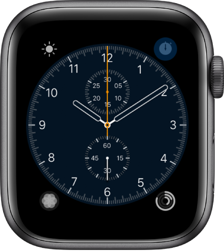你可以在「計時秒錶」錶面上調整錶面顏色及錶盤刻度。共顯示四個複雜功能：「天氣」位於左上角、「秒錶」位於右上角、「呼吸」位於左下角，以及「健身記錄」位於右下角。