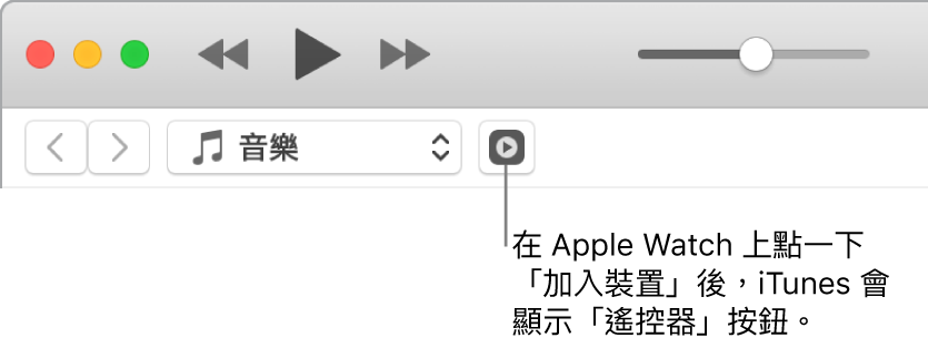 當你嘗試加入資料庫到 Apple Watch 時，「遙控器」按鈕會顯示在 iTunes 中。