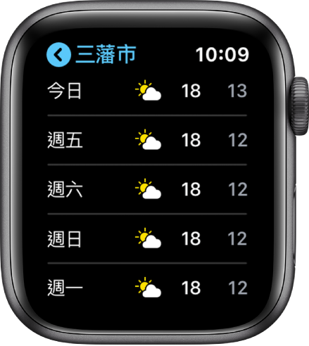 「天氣」App 正在顯示城市列表。