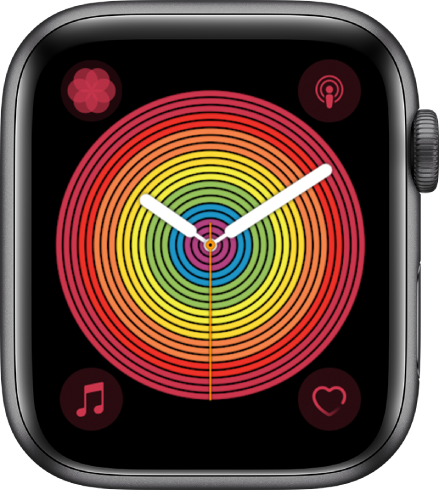 「Pride 指針」錶面使用圓形樣式。共顯示四個複雜功能：「天氣」位於左上角、Podcast 位於右上角、「音樂」位於左下角，以及「心率」位於右下角。