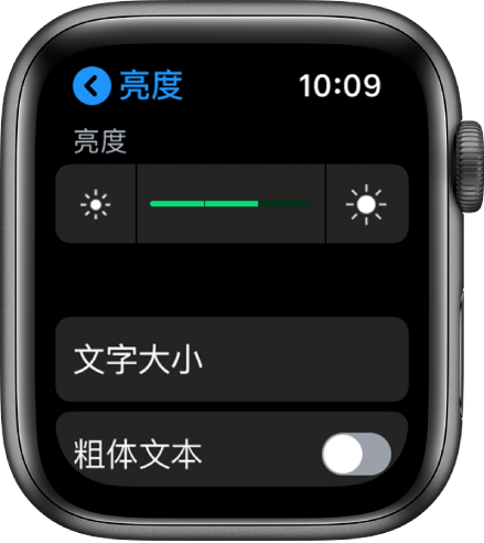 Apple Watch 上的“亮度”设置，顶部为“亮度”滑块，下方为“文字大小”按钮，底部为“粗体文本”控制。