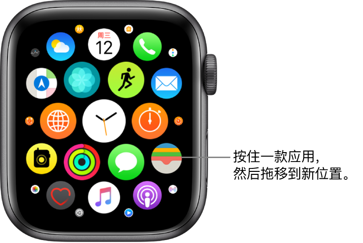 网格视图中的 Apple Watch 主屏幕。标注显示“按住一个应用，然后拖到新位置”。