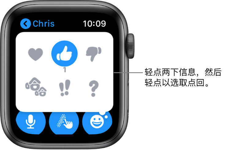 “信息”对话中的点回选项：比了个心、大拇指朝上、大拇指朝下、哈哈、!! 和 ?。
