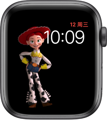 “玩具总动员”表盘，右上方显示日期和时间，屏幕左侧中间显示动画人物翠丝。