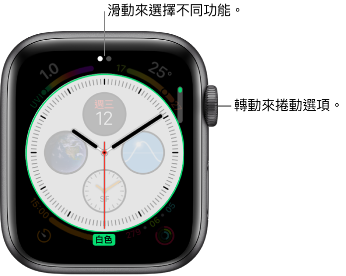 「圖文」自定畫面，強調顯示撥號樣式功能。轉動數位錶冠來更改選項。