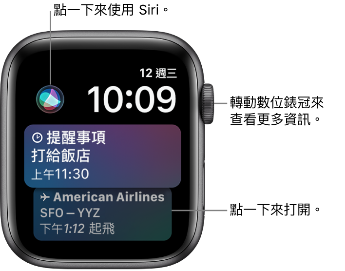 Siri 錶面顯示提醒事項和登機證。Siri 按鈕位於螢幕左上角。日期和時間位於右上角。