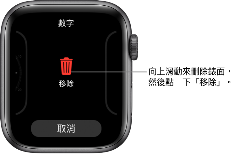 Apple Watch 畫面顯示「移除」和「取消」按鈕，會在您滑動至錶面時顯示，然後向上滑動來刪除。