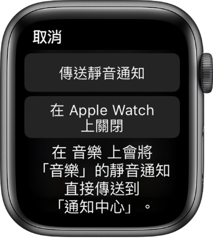 Apple Watch 上的通知設定。頂部按鈕文字是「傳送靜音通知」，下方按鈕文字是「在 Apple Watch 上關閉」。