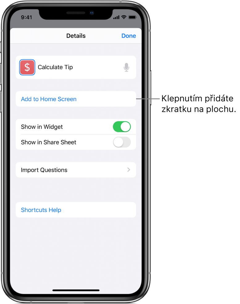 Obrazovka Podrobnosti v aplikaci Zkratky se zobrazenou volbou „Přidat na plochu“