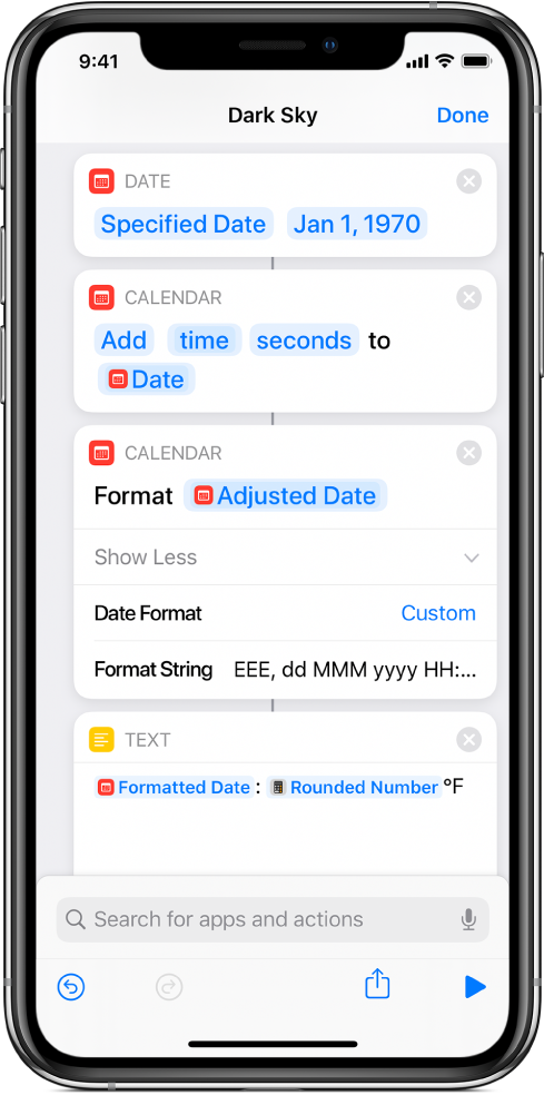 Kurzbefehleditor mit der Aktion „Datum formatieren“ und einer angepassten Formatzeichenfolge.
