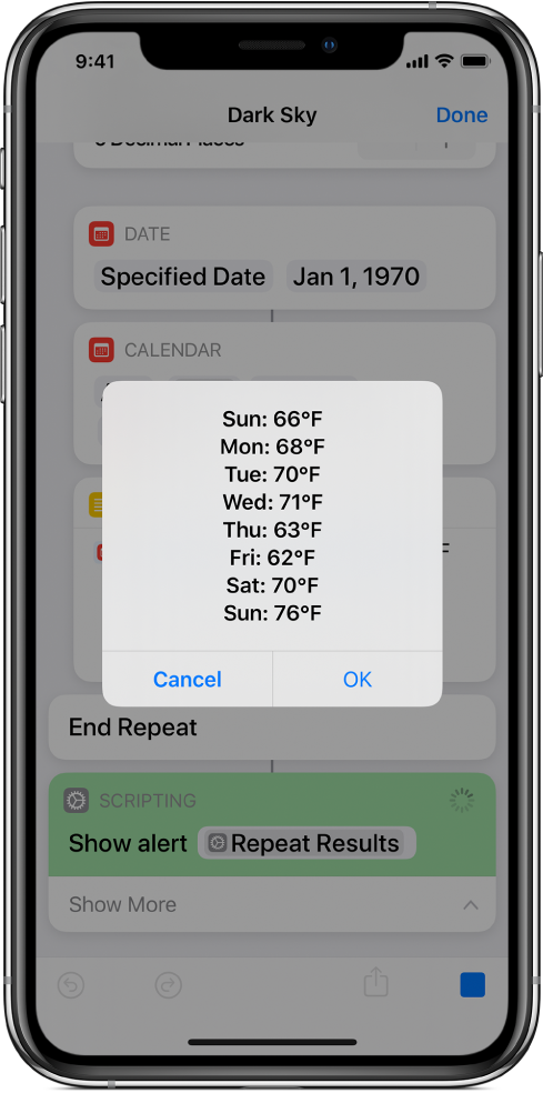 Resulting alert showing the average temperatures for the week, in shortcut editor.