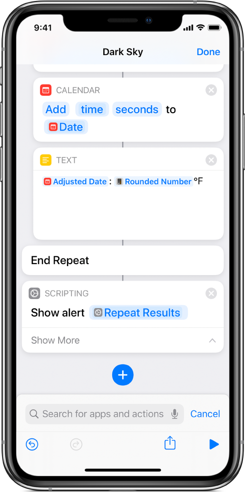 Show Alert action with a Repeat Results variable in the body of the alert message.