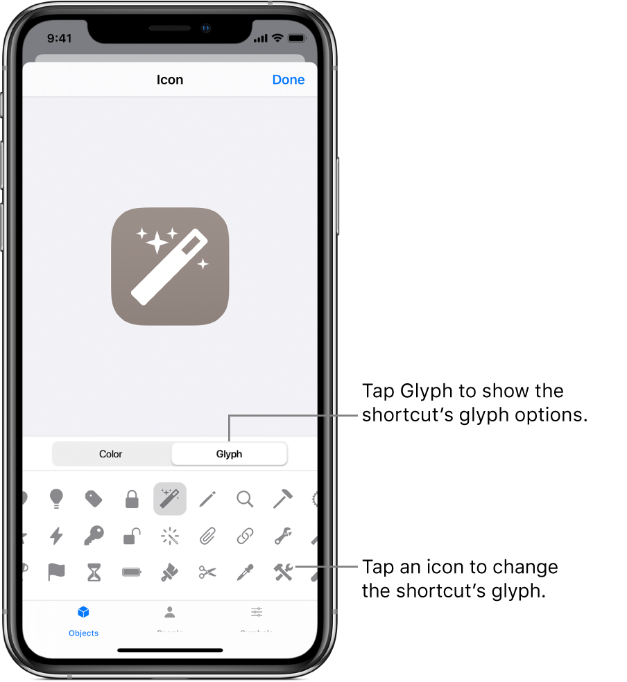 Icon screen showing shortcut glyph options.