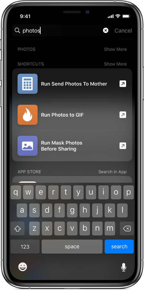 La recherche pour le mot-clé de raccourci « photos » et les résultats de la recherche : Raccourcis « Exécuter Envoyer des photos à maman », « Exécuter Photos en GIF » et « Exécuter Masquer les photos avant de les partager ».