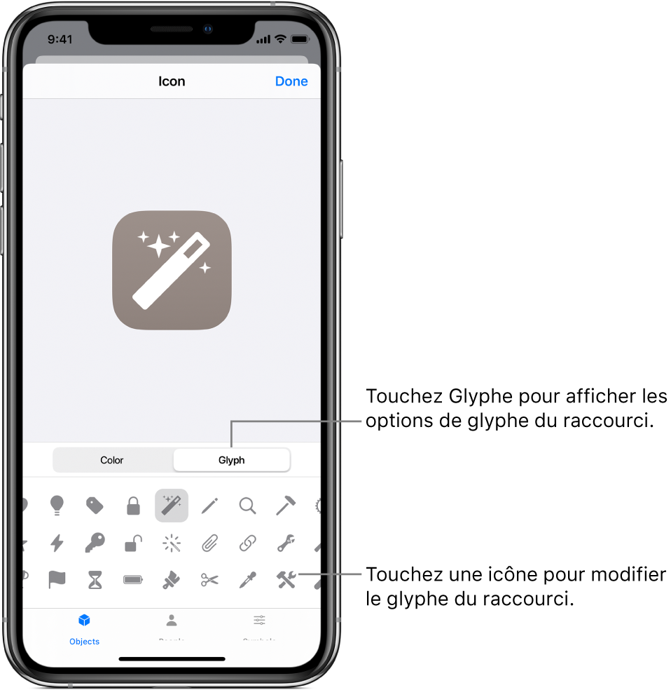 Écran Icône affichant les options de glyphe du raccourci.