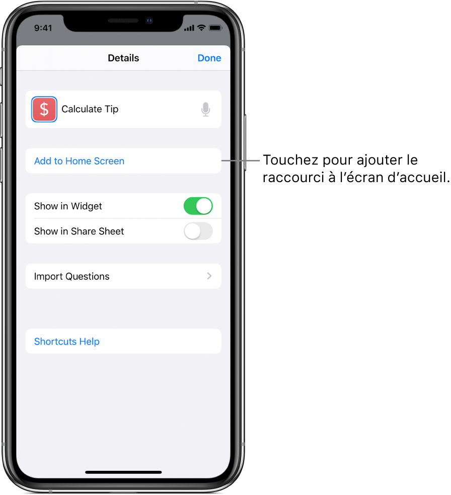 Écran Détails dans l’app Raccourcis montrant l’option Sur l’écran d’accueil.