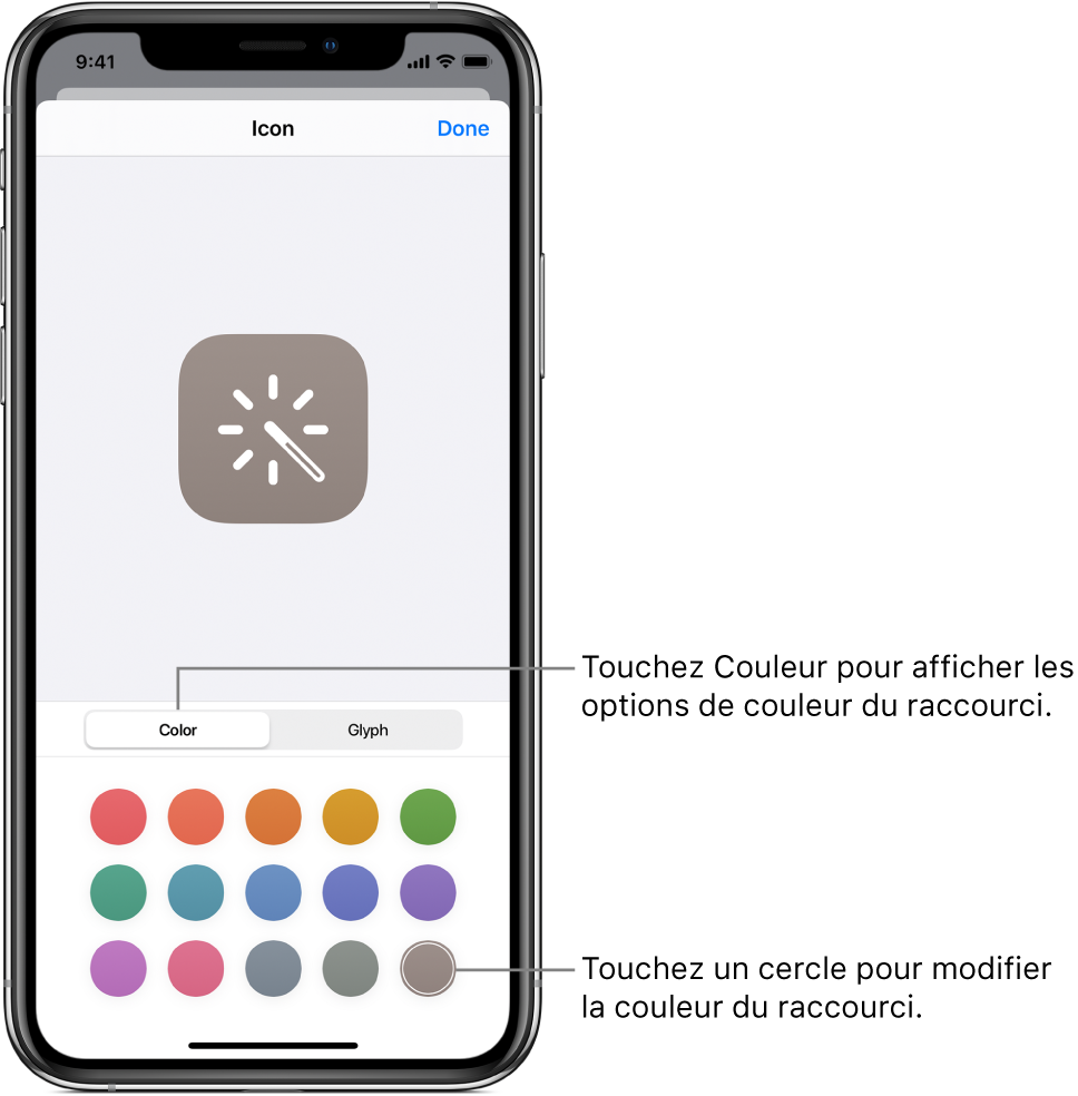 Écran Icône affichant les options de couleur du raccourci.