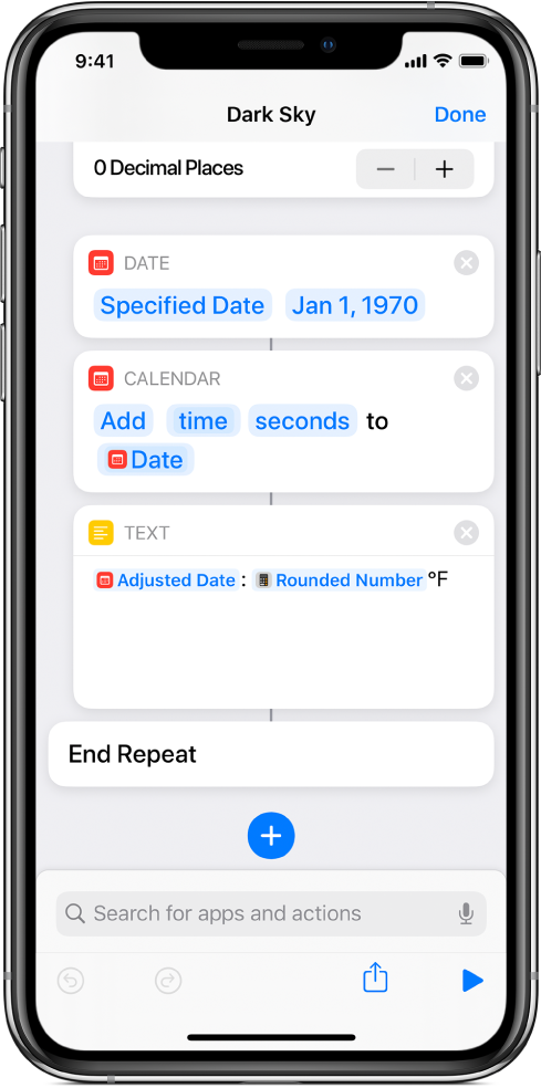 शॉर्टकट एडिटर में Date ऐक्शन, Adjust Date ऐक्शन और Text ऐक्शन, जिसमें वैरिएबल लागू हैं।