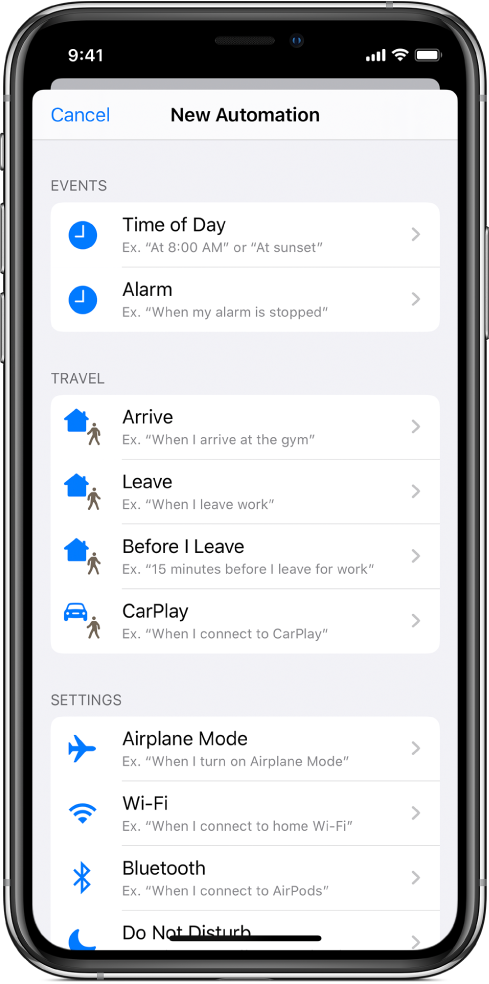 단축어 앱의 개인용 자동화 트리거.