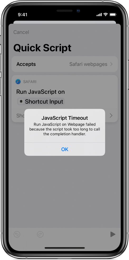 ‘JavaScript 시간 초과’ 오류 메시지를 표시하는 단축어 편집기.