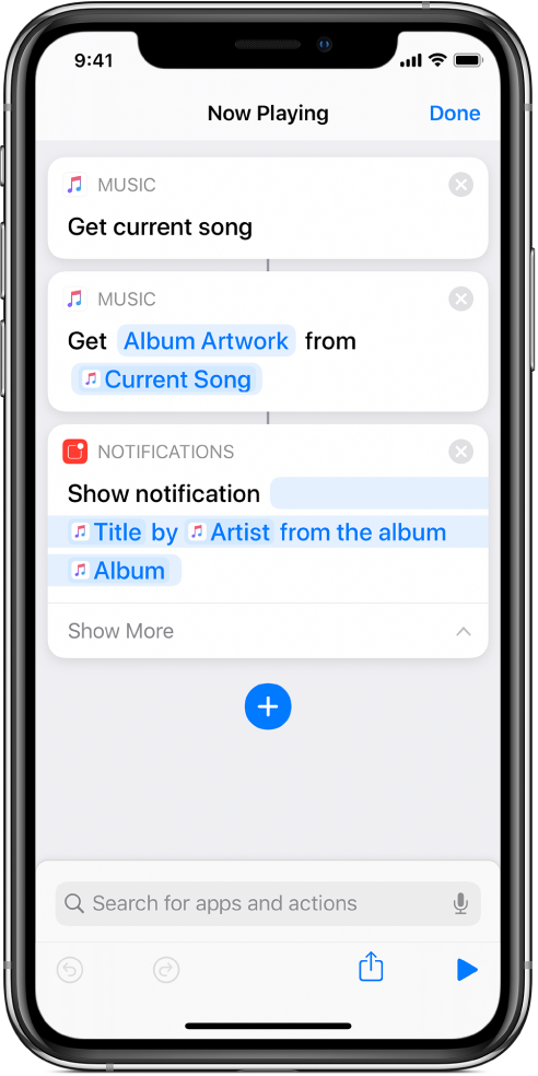 Ação “Mostrar notificação” no editor de atalhos e o aviso “A reproduzir” de Música chamado pela ação “Mostrar notificação”.