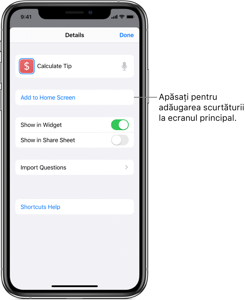 Ecranul Detalii în aplicația Scurtături afișând “Adăugați la ecranul principal”.