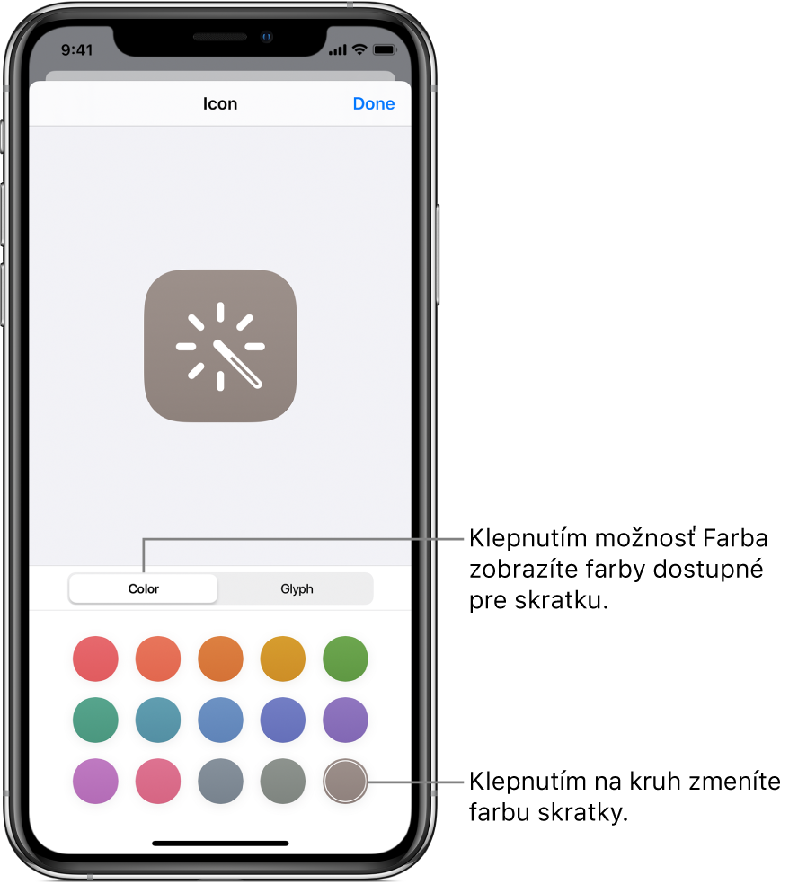 Obrazovka ikony znázorňujúca možnosti farieb skratiek.