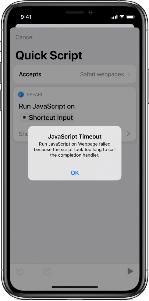 Genvägsredigeraren som visar ett JavaScript-felmeddelande om överskriden tidsgräns.