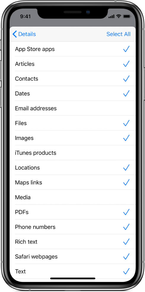 Inmatningslista för Delningsblad som visar de olika typer av innehåll som är tillgängliga för en genväg när den körs från en annan app.