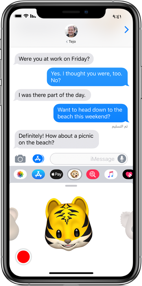 محادثة في الرسائل يظهر بها رمز Animoji محدد وجاهز للتسجيل قبل أن يكون قيد الإرسال.