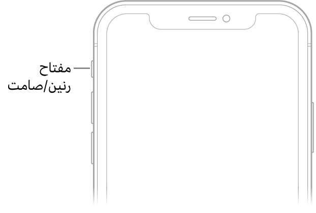 الجزء العلوي لواجهة الـ iPhone مع وسيلة شرح تشير إلى مفتاح رنين/صامت.