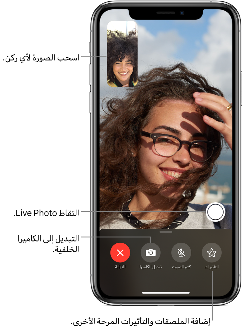 شاشة FaceTime تعرض مكالمة قيد التقدم. تظهر صورتك في مستطيل صغير في أعلى اليسار، وصورة الشخص الآخر تملء بقية الشاشة. على طول الجزء السفلي من الشاشة تظهر أزرار التأثيرات وكتم وقلب الاتجاه وإنهاء. زر التقاط Live Photo يظهر فوقها.