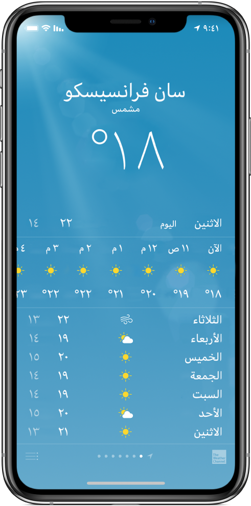 شاشة الطقس وتعرض المدينة والأحوال الحالية ودرجة الحرارة الحالية. في الأسفل توجد التوقعات الحالية لكل ساعة متبوعة بتوقع للأيام الخمسة التالية. صف من النقاط في منتصف الجزء السفلي يعرض عدد المدن التي لديك.