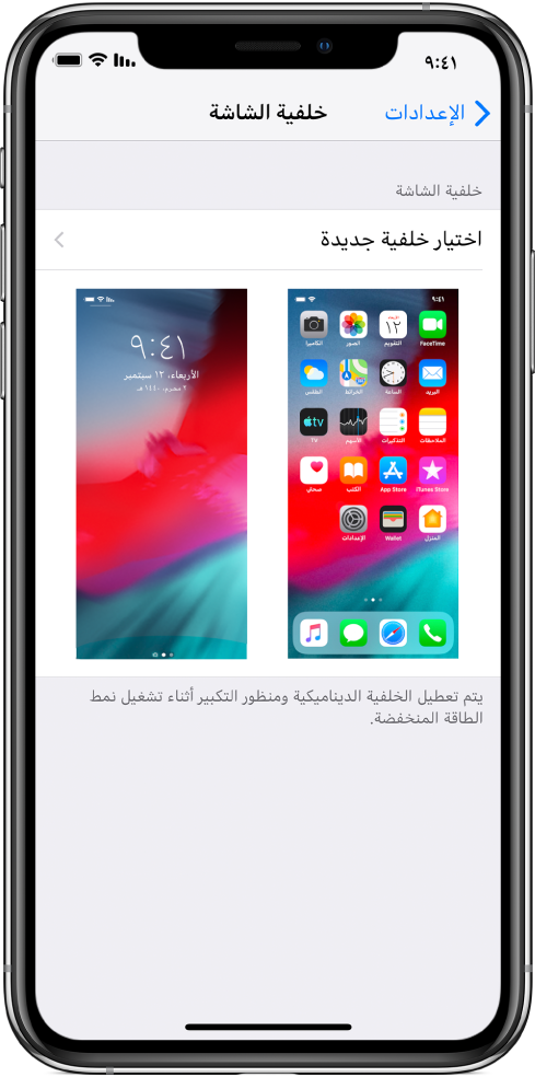 شاشة إعدادات خلفية الشاشة، مع زر اختيار خلفية شاشة جديدة في الجزء العلوي وصورة شاشة القفل والشاشة الرئيسية تظهر بهما خلفية الشاشة الحالية.