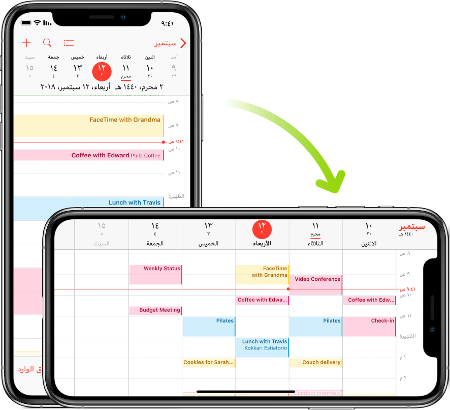 في الخلفية، يعرض الـ iPhone شاشة التقويم، وبها أحداث يوم واحد في الاتجاه الرأسي؛ وفي المقدمة، تم تدوير الـ iPhone إلى الاتجاه الأفقي الذي يعرض أحداث التقويم للأسبوع بأكمله ويحتوي على نفس اليوم.