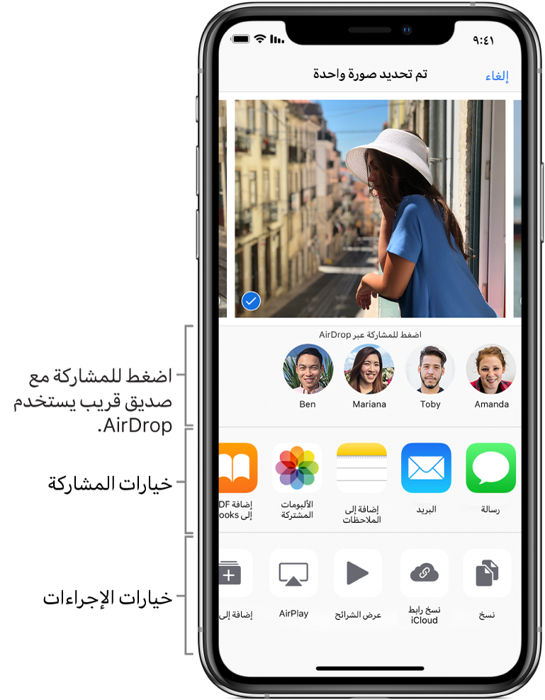 شاشة مشاركة AirDrop. في الجزء العلوي تظهر صور للتحديد والمشاركة. أسفل ذلك يظهر الأشخاص الذين يمكنك المشاركة معهم باستخدام AirDrop. في الصف التالي تظهر خيارات المشاركة، وتشمل الرسالة والبريد والألبومات المشتركة والمزيد. الصف السفلي يظهر به الإجراءات الأخرى، بما في ذلك نسخ وعرض الشرائح وAirPlay.